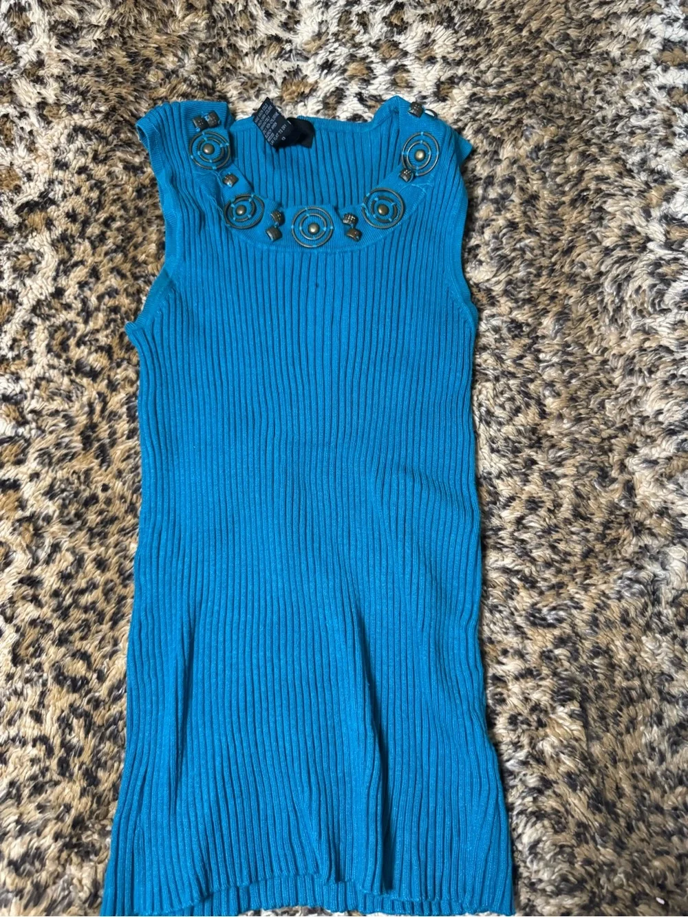 Kids Sleeveless Ribbed Dress with Decorative Neck - Teal